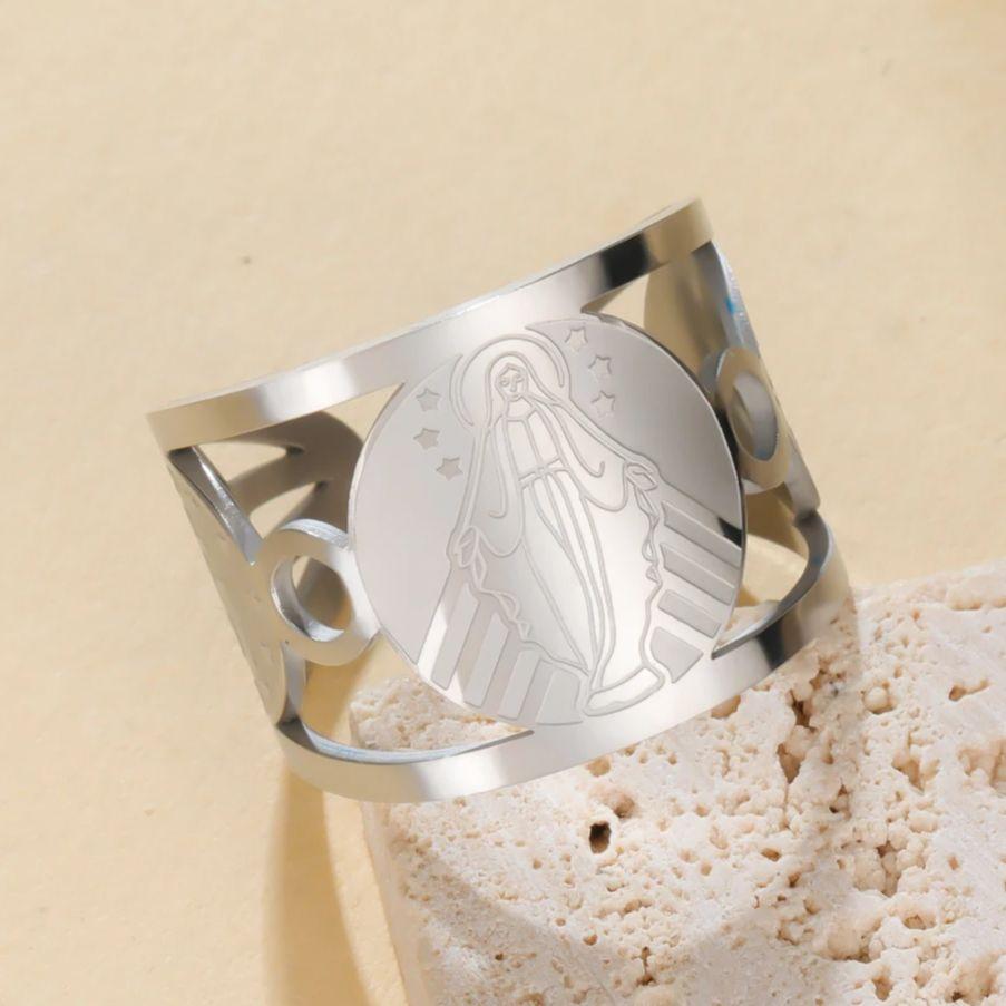 LIKGREAT Virgin Mary Open Ring Adjustable Stainless Steel Rings Religious Catholic Faith Jewelry Gift for Women Men Christmas