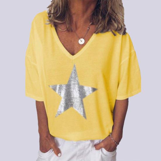 Letní dámské tričko plus size s hvězdicovým výstřihem do V a krátkým rukávem, jednobarevný volný top