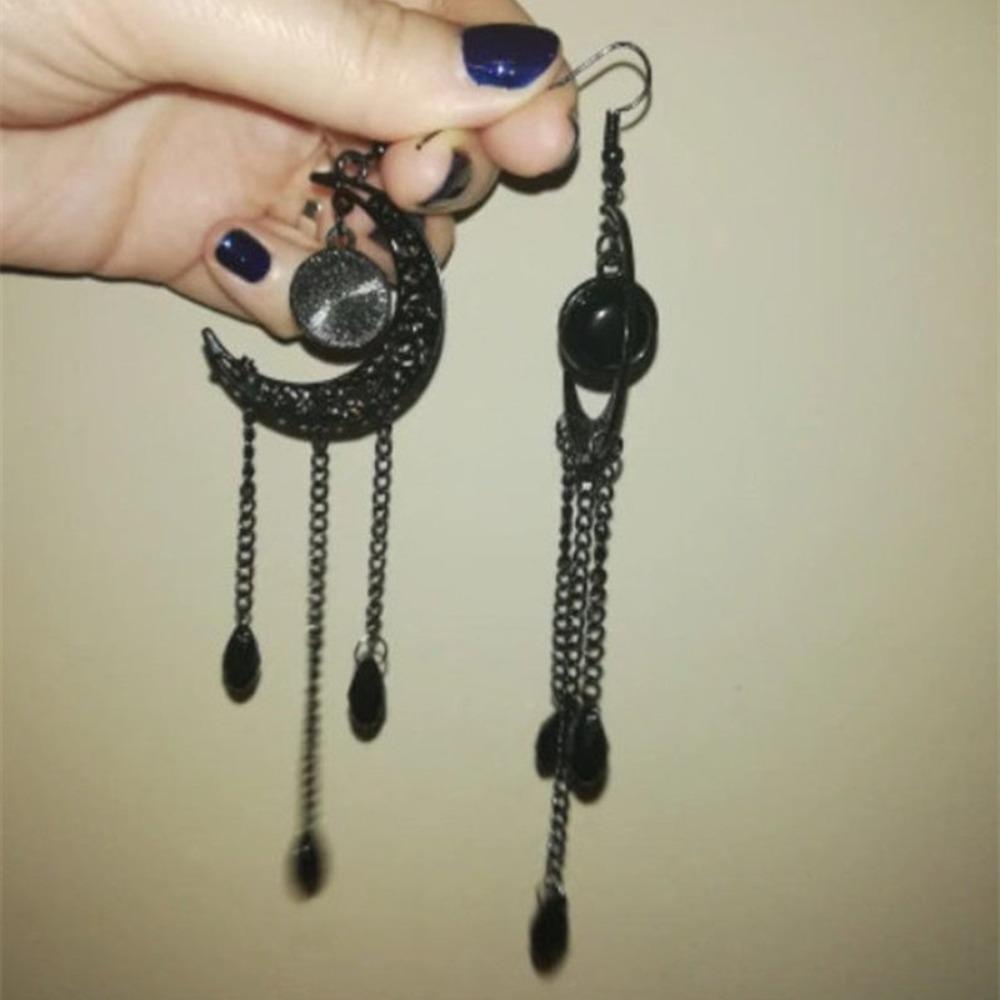 Alternative Bohemia Black Moon Solar System Water Droplet Tassel Dangle Earrings for Women Gothic Hallowmas Party Jewelry Gifts