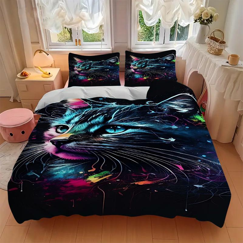3pcs Colorful Cat Printed Duvet Cover Set (1 * Cover+2 * Pillowcase, Without Core), Suitable for Home Bedroom, Guest Room, Dormitory Decoration I