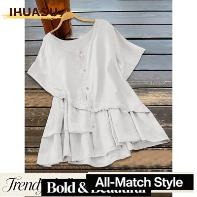 Blusas y camisas informales de manga corta con cuello redondo y estampado de Color sólido a la moda para mujer