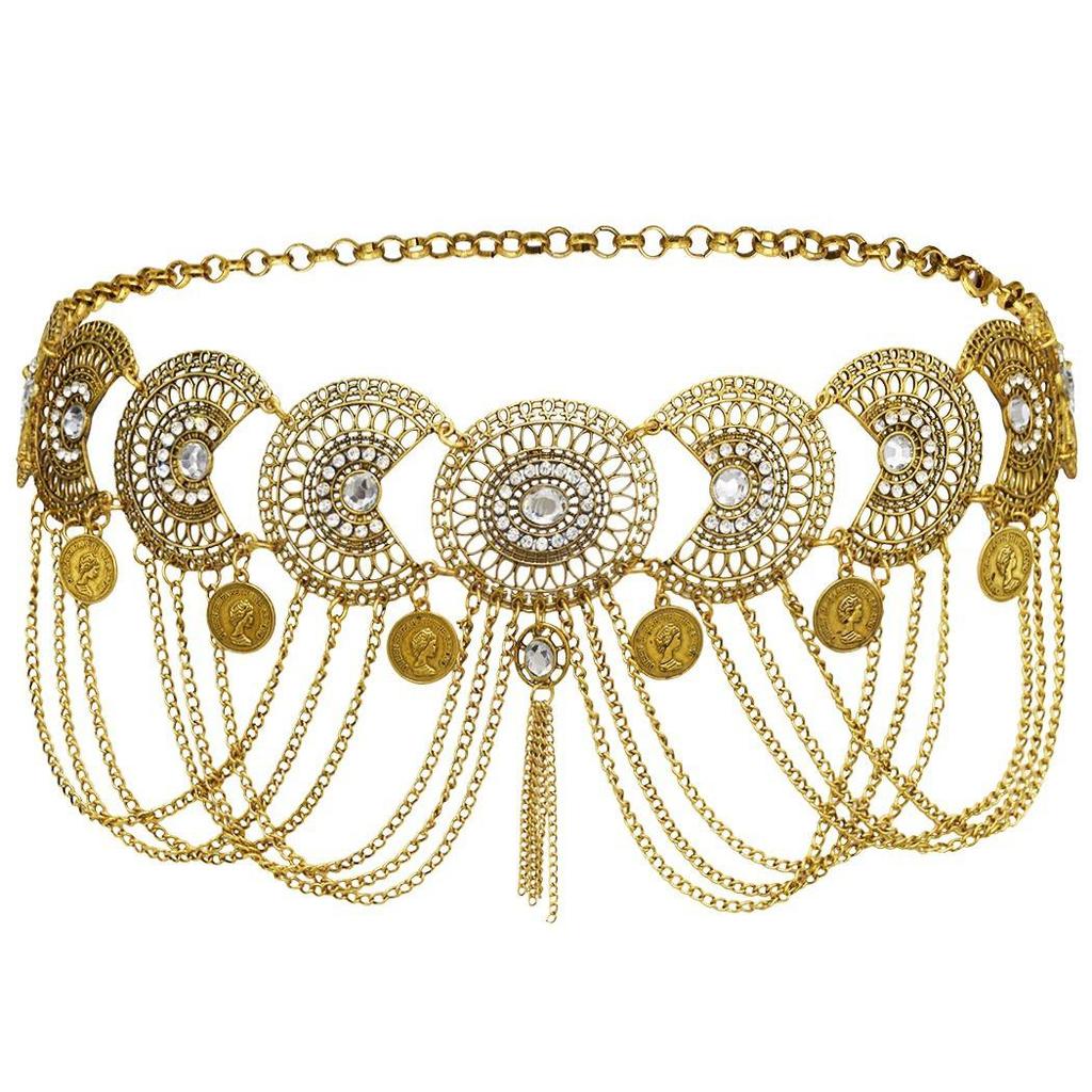 Retro Ethnic Floral Waist Chain with Carved Coin Tassels and Geometric Hanfu Dance Accessories