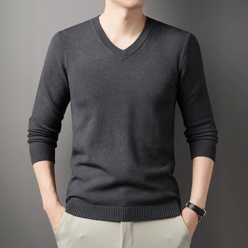 Solid Color V Neck Long Sleeve Pullover Knit Sweater For Men