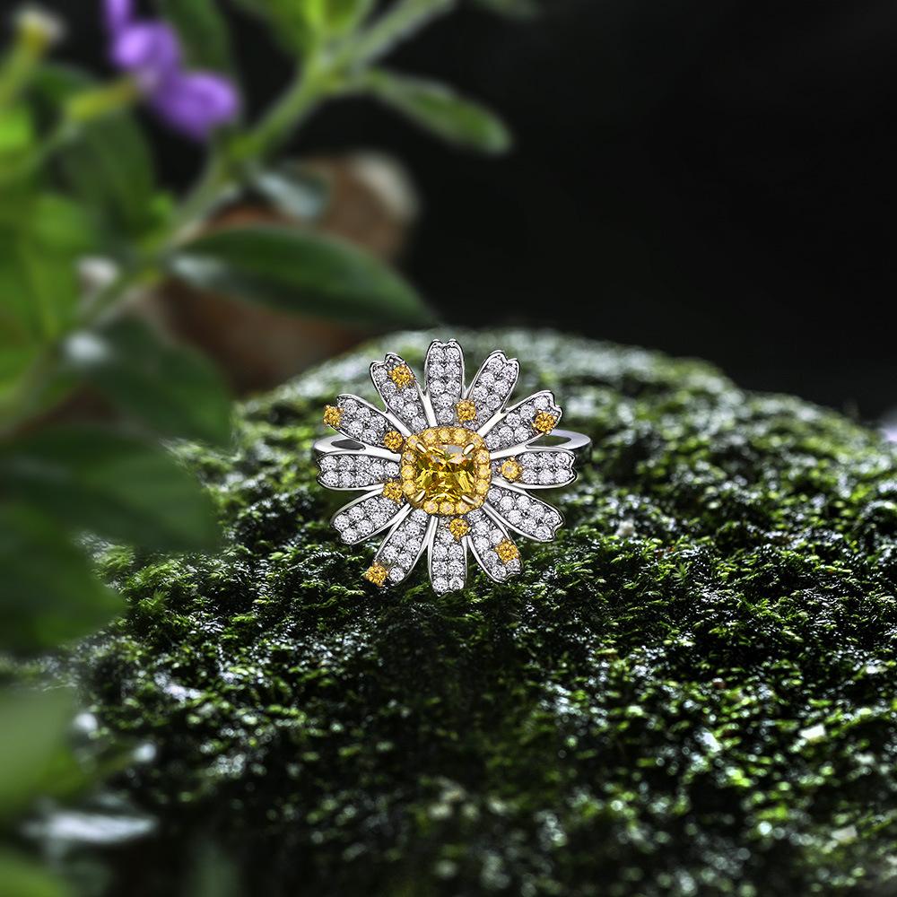 Tancise Creative Daisy Ring Female Deluxe Inlaid Zircon Fashion Elegant Flower 925 Sterling Silver.