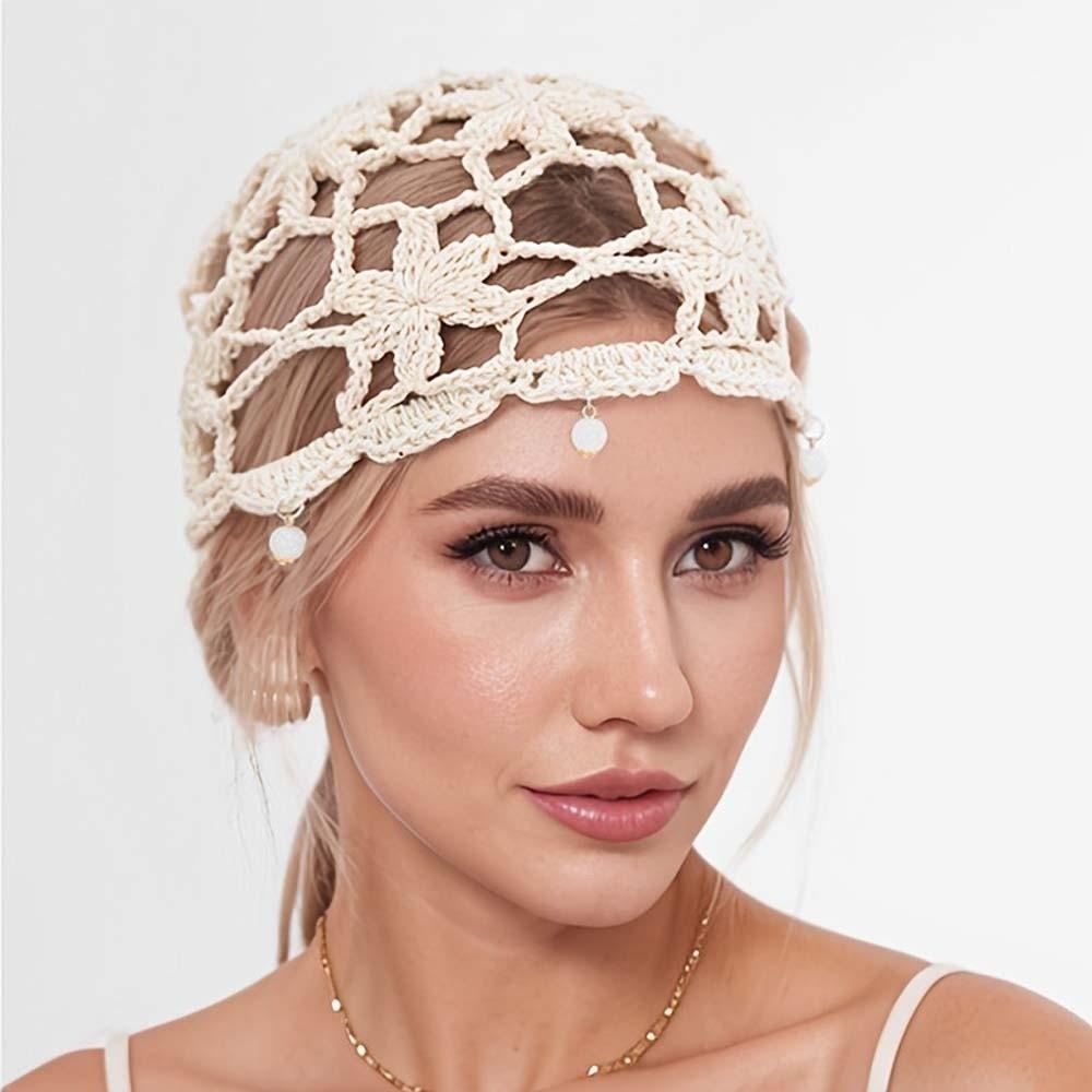 Bohemian Style Crochet Flower Knitted Hat Handmade Woven Cap Casual Hollowed Out Beanie Cap Summer