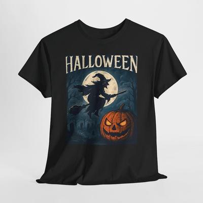 Vintage Halloween Tee: Witch and Pumpkin Graphic, Spooky Cotton Shirt