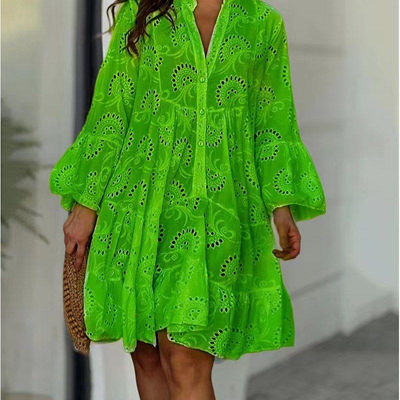 Cross Border Solid V-neck Embroidered Hollow Lace Dress