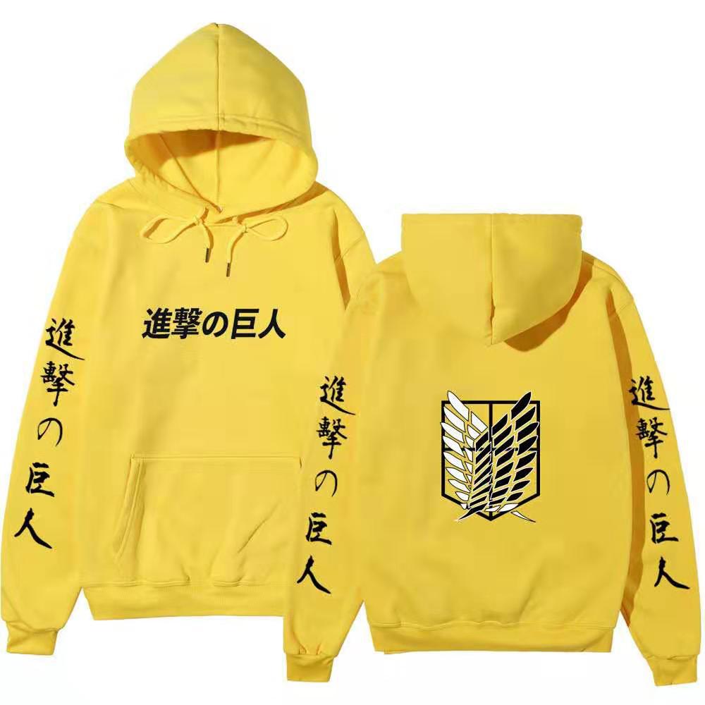 Attack on Titan Unisex Fleece Hoodie Front Japanese Text, Back Wings of Freedom Logo Autumn Winter Casual Pullover