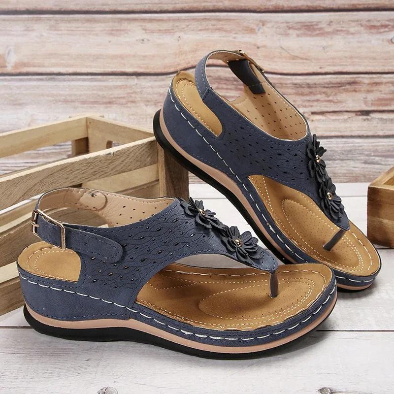 Fashion Flowers Decor Summer Womens Wedge Sandals Casual Clip Toe Platform Sandles Woman Comfortable Non Slip Rome Shoes Plus Size 43