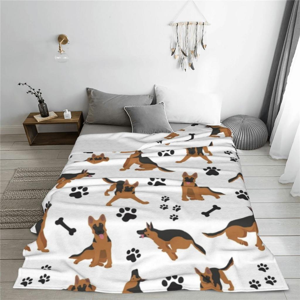 Warm Soft Blanket Travel German Shepherd Pattern Throw Blanket Puppy Pet Flannel Bedspread Couch Chair Novelty Sofa Bed Cover