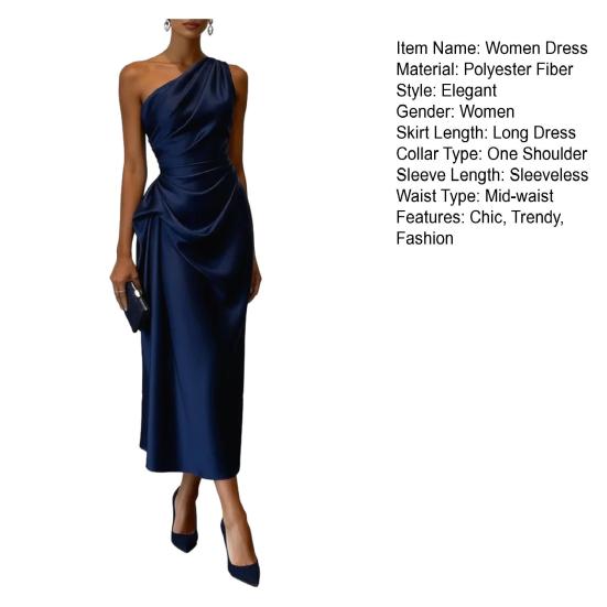 Women's One Shoulder Satin Prom Dress Summer Sleeveless Party Cocktail Midi Dress Ruched Bodycon Evening Wedding Guest Dress