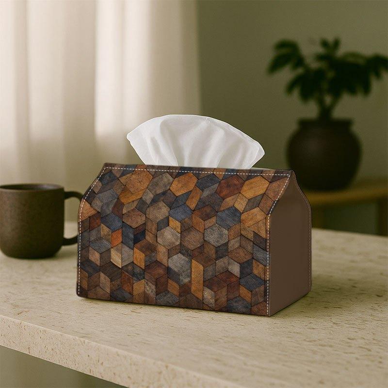 2D Flat 1pc Rustic Geometric Hexagon Decorative Brown Wood Stone Cube Texture Tissue Box Spill-Resistant And Easy-Clean Design Storage Organizer for H