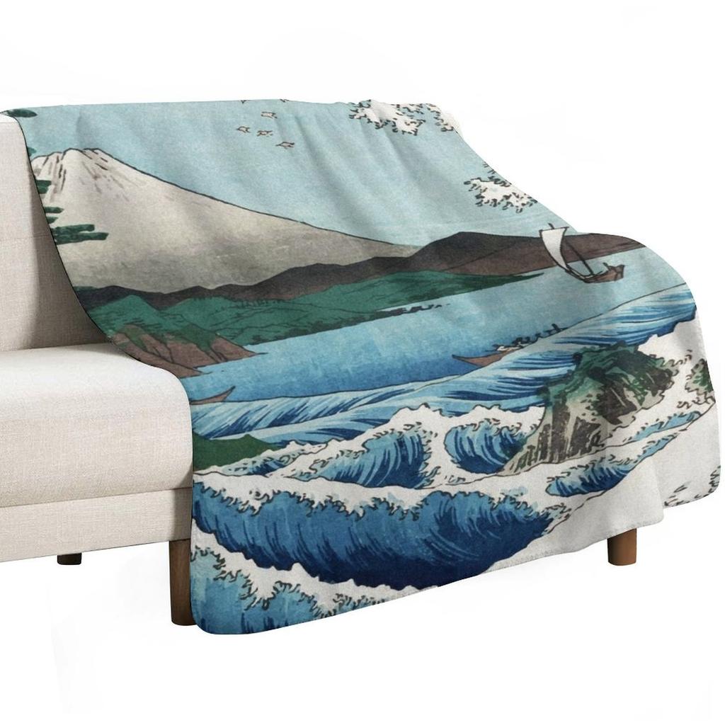 Hiroshige the Sea off Satta Japan with volcano, crashing waves and fishermen by Japanese ukiyo-e artist nature vin Throw Blanket
