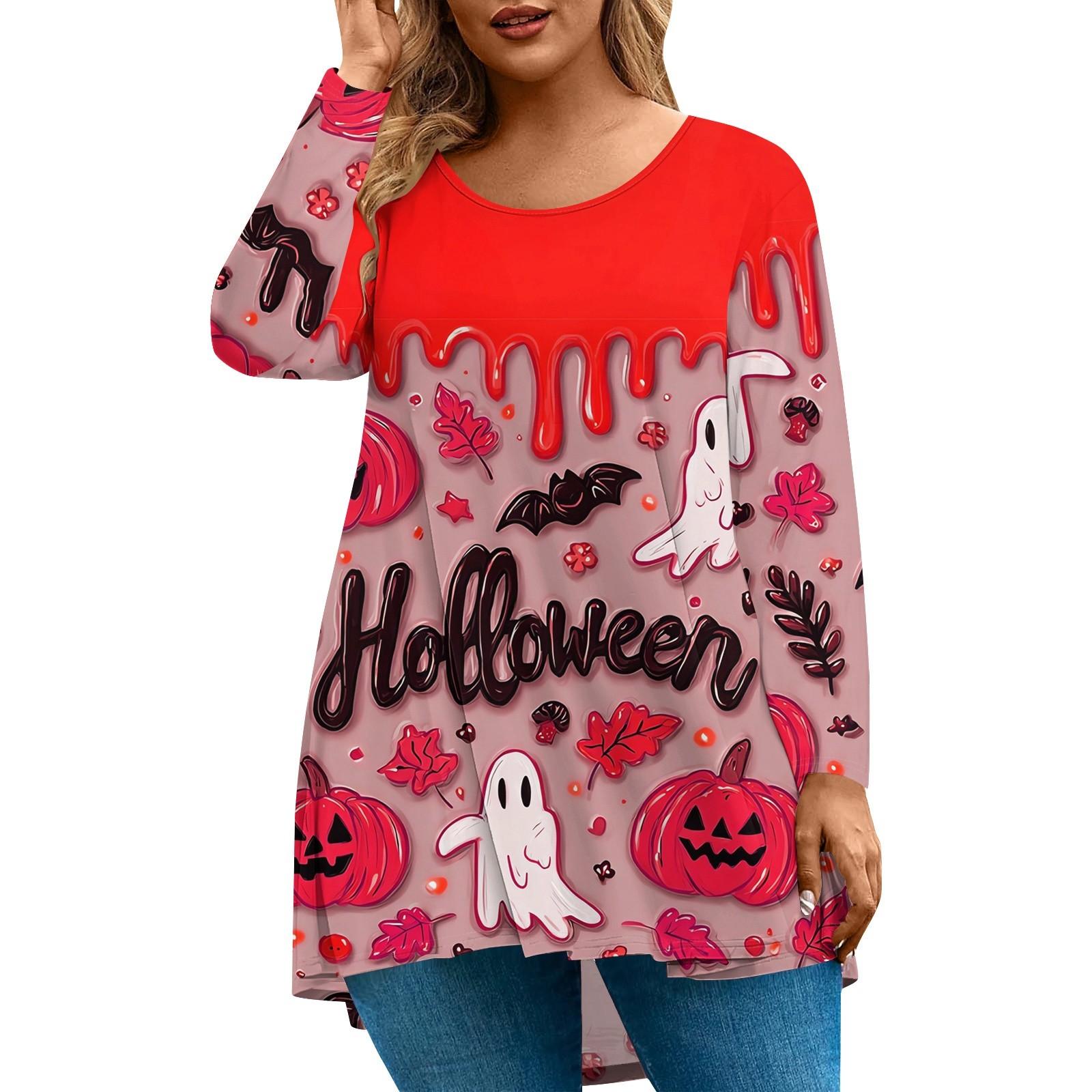 

Женская мода Большой размер Круглый вырез Длинный рукав Повседневный Пуловер Топ с принтом на Хэллоуин Свободного кроя XXXXXL киноварь