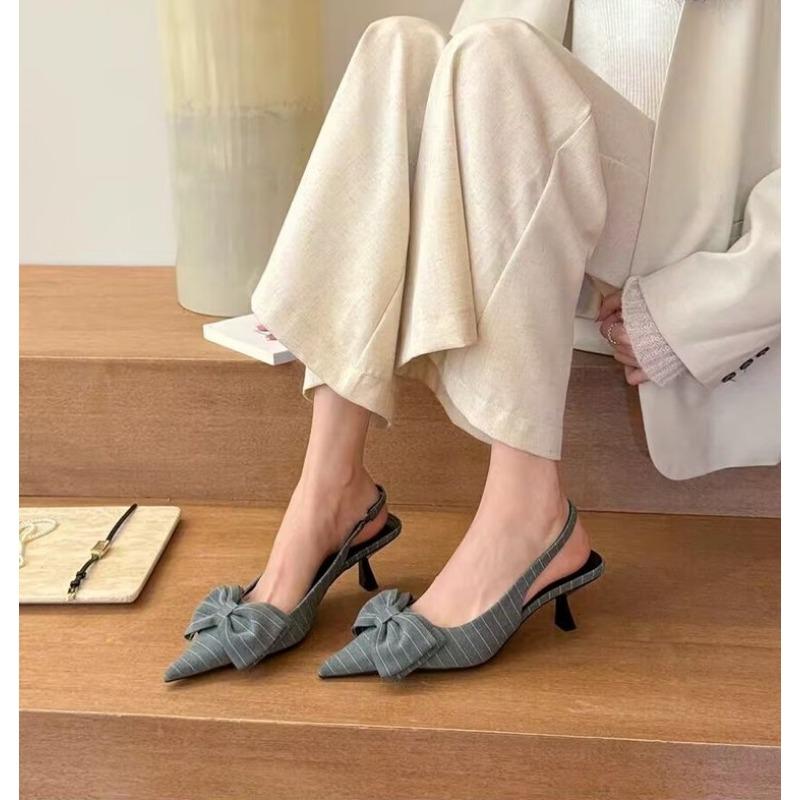 Fashion high heels women's striped design bow black temperament pointed stiletto sexy dress white bag sandals summer large size