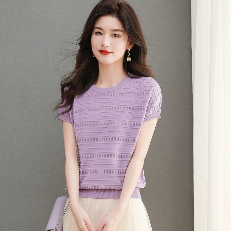 

Женская трикотажная футболка из ледяного шелка, свободная, с круглым вырезом, с темпераментным ажурным узором, маленькая рубашка-топ 3XL фиолетовый