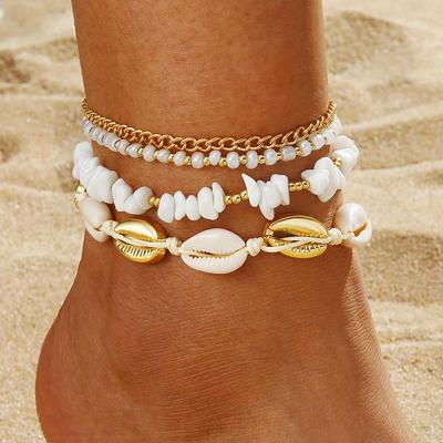 Bohemian Rice Bead & Shell Anklet Set: White, Small Gravel Beach Style, Braided, 4 Pieces.