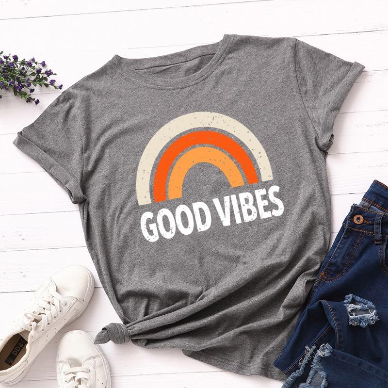 

Летние женские футболки свободного покроя из чистого хлопка с принтом GOOD VIBES и круглым вырезом, с короткими рукавами, женские S