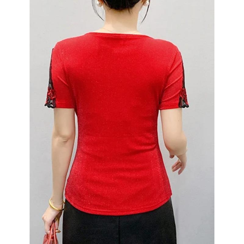 Summer Lace Hot Diamonds Embroidery Flower Designer T-Shirt Elastic Sexy O-Neck Slim Mesh Tops Chic Women's Short Sleeved Vintage Tees Blouse
