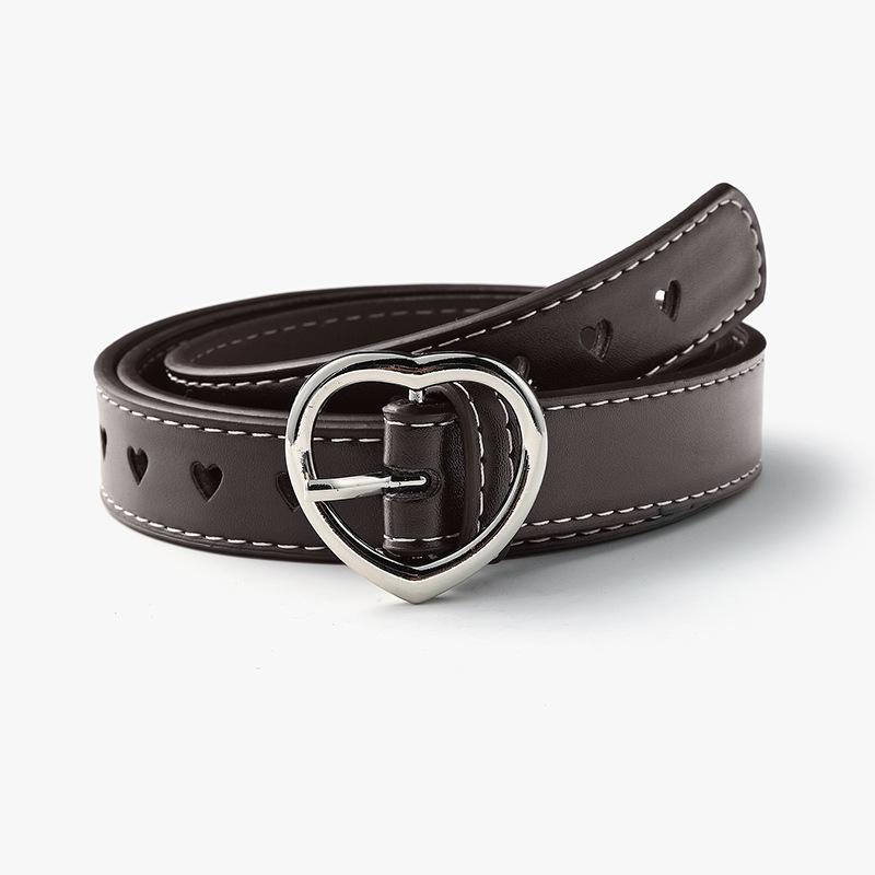 

Korean Trendy Heart Buckle Leather Belt with Hollow Design for Women Length 110 Width 2.3 кофейный