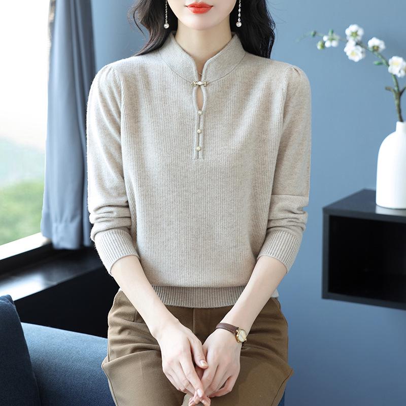 Women's Pure Wool Stand Collar Sweater - Autumn/Winter Loose Slimming Knit Cheongsam Base Layer