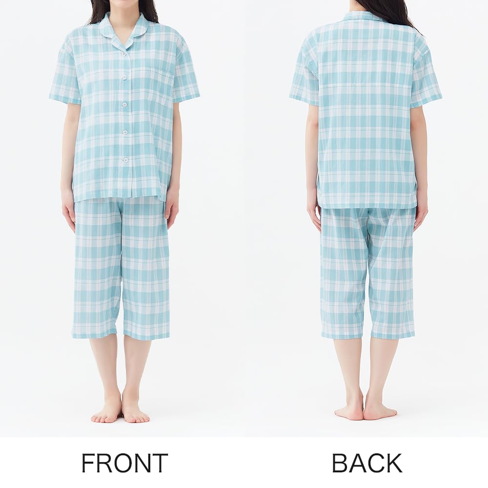 Gunze Acedron Short Length Blue Women's Pajamas, Sleeve, 3/4 Pants, Moisture-Wicking, Quick-Drying,