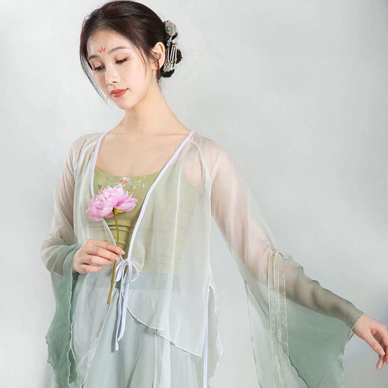 Klassisches chinesisches Tanzkostüm-Set mit fließendem Gazerock und Oberteil
