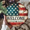 2D Flat 1pc, 8x8 In, Round Printed Aluminum Metal Sign, Welcome Sign with The American Flag, Home Gift Window Decoration, for Porch, Room, Home, Wall