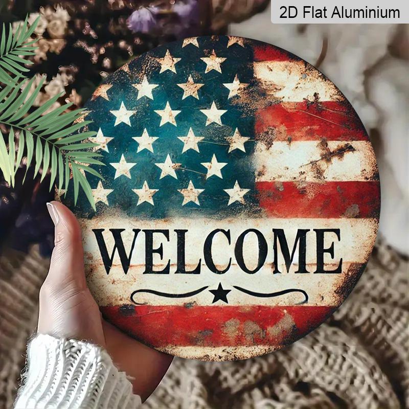 2D Flat 1pc, 8x8 In, Round Printed Aluminum Metal Sign, Welcome Sign with The American Flag, Home Gift Window Decoration, for Porch, Room, Home, Wall