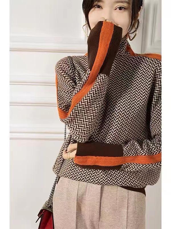 Women's Slimming Striped High Neck Long Sleeve Sweater, Petite Fit, Autumn/Winter 2025 European Style.
