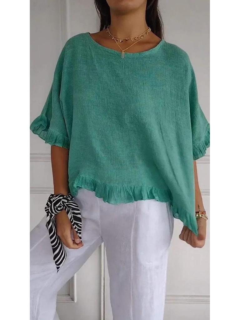 Women's European & American Casual Solid Color Ruffle Short Sleeve T-shirt