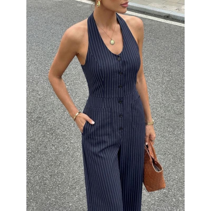 Women Navy Blue Striped Halter Backless Casual Commuter Cropped Jumpsuit