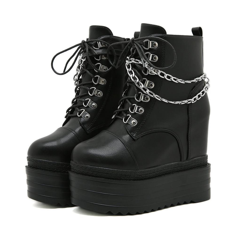 

Осенние короткие ботинки с круглым носком и боковой цепочкой на толстой подошве женские панк-сапоги с клиновидным каблуком Martin, увеличивающие высоту голени 35 чёрный