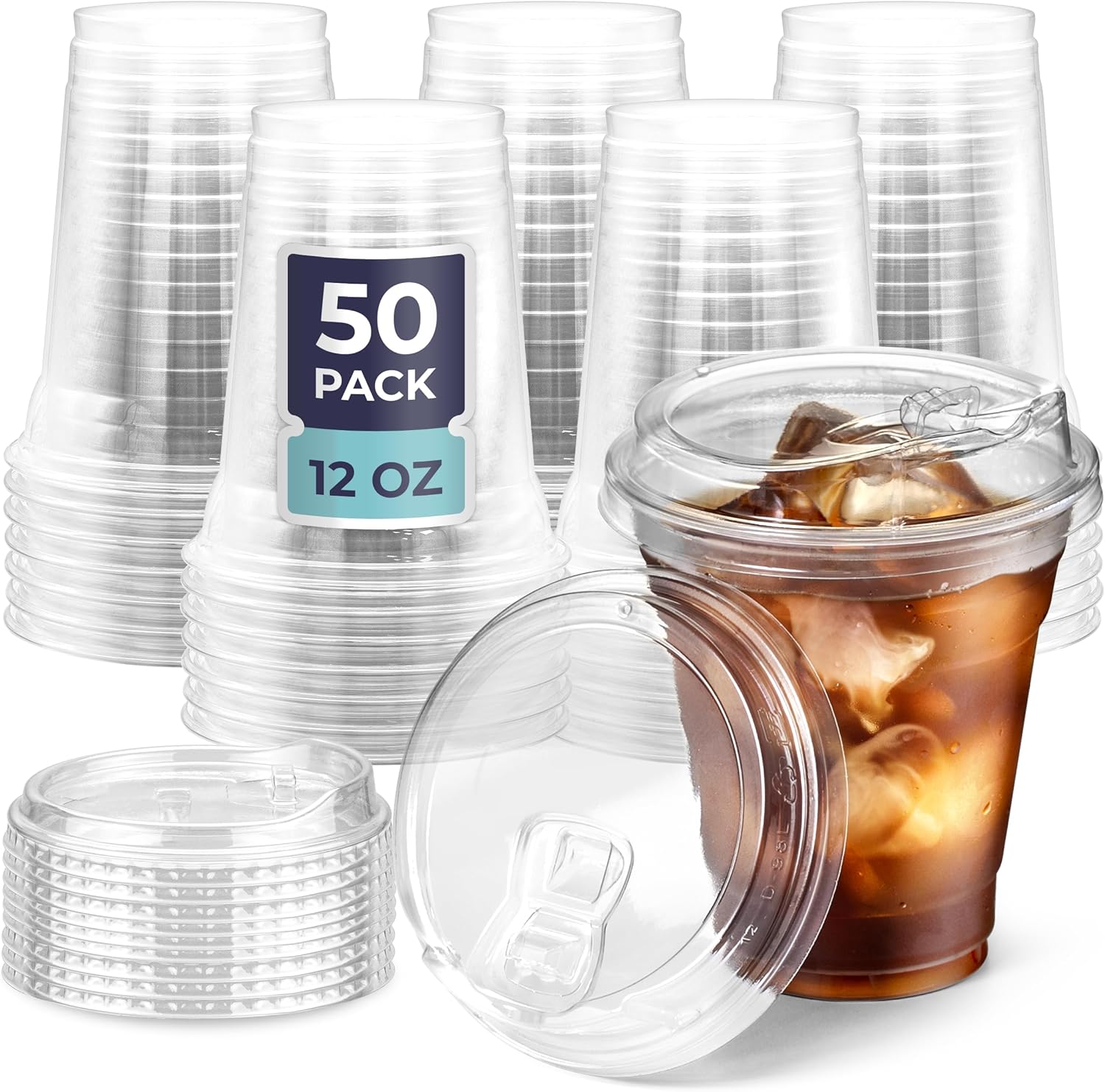 

12OZ Clear Plastic Cups with Lids To Go Crystal Clear Disposable Plastic Cups with Straw for Iced Coffee Smoothies Soda Lemonade 50pcs