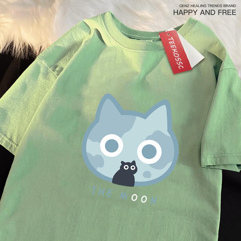 The Moon Blue Cat Fun Japanese Style Men Women T-Shirts Cotton Oversized Short Sleeve Shirt Loose T-Shirt Breathable Casual Tops