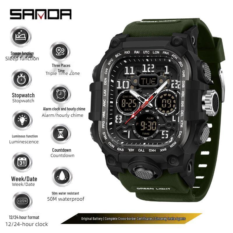 Sanda Men's Trendy Waterproof Multi-Functional Electronic Watches with Three-Time Zones for Casual Use