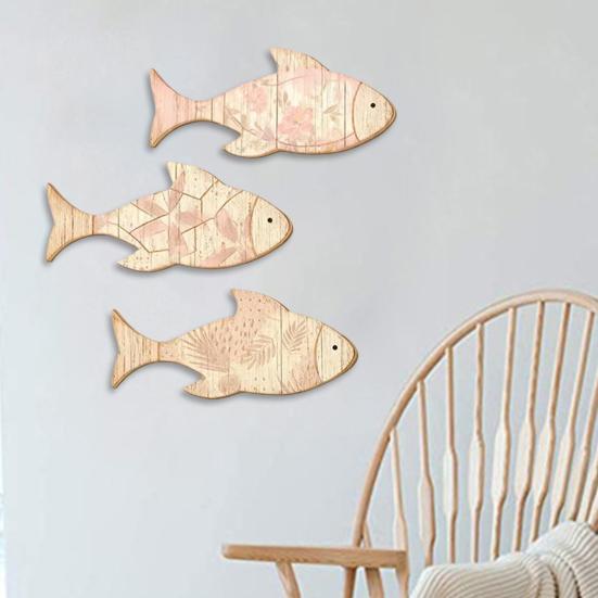 3Pcs/Set Wooden Fish Wall Decoration, Plants Pattern Fish Wall Art for Beach, Lake House, Nautical Coastal Ocean Theme Hanging Ornament
