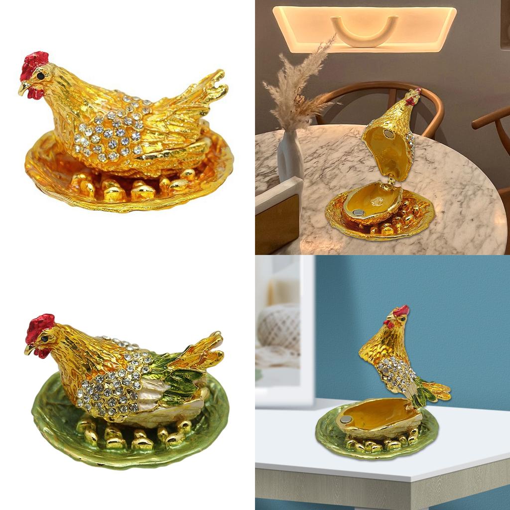 Traditional Chinese Rhinestones Metal Hens Laying Eggs Figurines Fengshui Ornament for Home and Office Desktop Decors