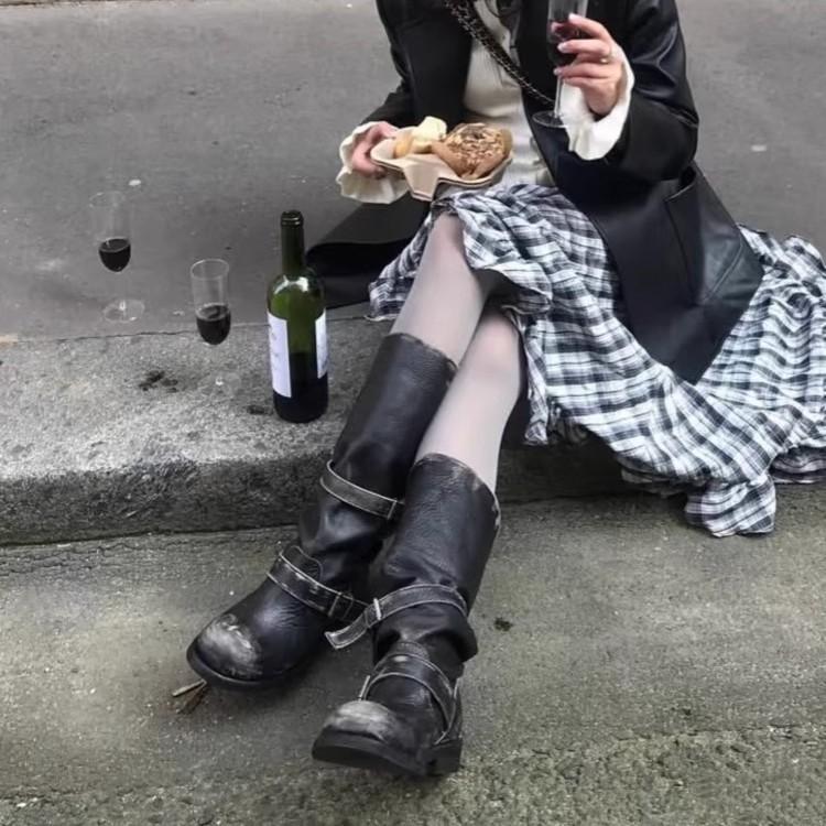 Mode Vintage Plateau Schnalle Stilvolle Motorrad Damenstiefel Eckige Zehenpartie Klobiger Hoher Absatz Mid-Calf Schuhe Retro Bikerstiefel