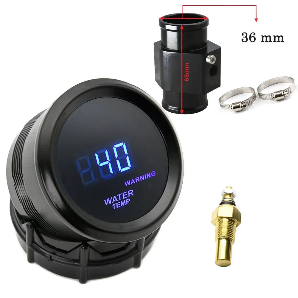 52mm Wassertemperaturanzeige Blaue LED-Beleuchtung mit 16mm-40mm Anschlussrohr-Adapter Schwarz/Blau mit Wassertemperatur 1/8NPT Sensor