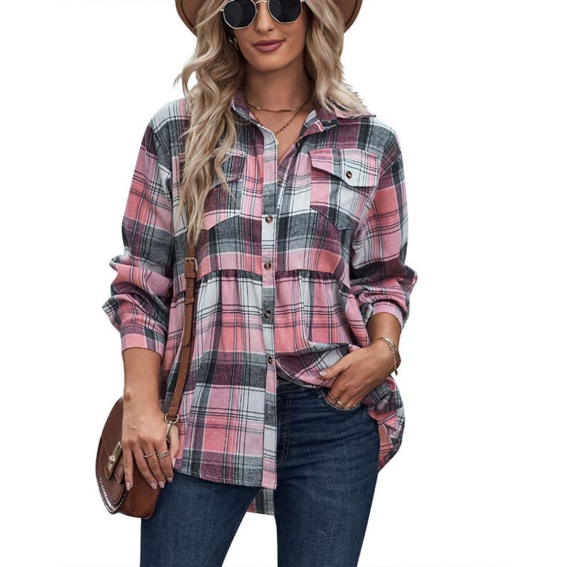

Women s Lapel Collar Plaid Blouse Long Sleeve with Pockets Chic Casual Fall 2XL рожевий