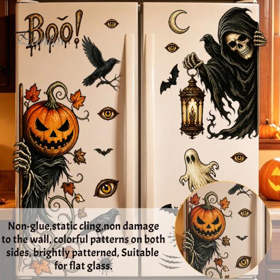 Waterproof PVC Wall Decals 6Pcs Halloween Window Stickers, Ghost Pumpkin Grim Reaper Decals, Removable Static Clings Self-Adhesive Glass Door