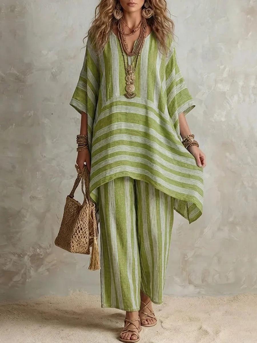 Women s Stylish V-neck Loose Striped Casual Two-piece Set L