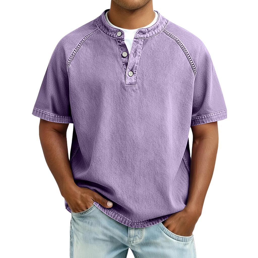 Men  Cotton  Wash Shirt Tee Top Short Sleeve Stand Collar