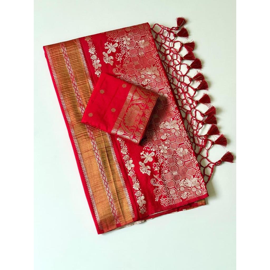 Pure Chinya Tisu Silk Doubling Jari Jaqurad Weaving Georgette Saree All Over Body Flower Veil And Beautiful Zomatri Flower Rich pallu