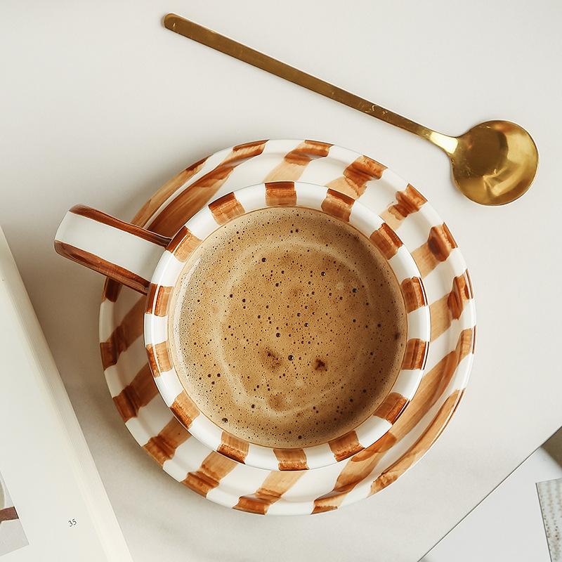 Hand Painted Japanese Household Ceramic Mug Retro Striped Medieval Coffee Cup Breakfast Cup Afternoon Tea Cup Couple Cup