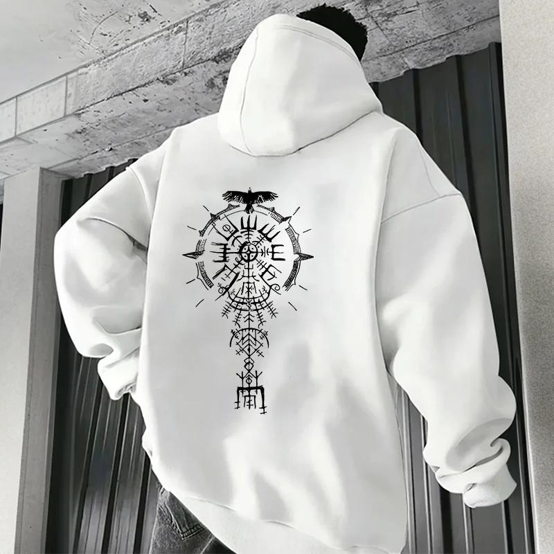 Herren Kapuzenpullover Herbst Winter Freizeit Sportlich Hoodie Hochwertig Antikes Wikinger Rabe Muster Mäntel Männlich Urbane Mode Oberteile