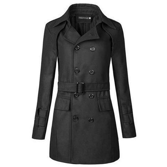 Double-Breasted Grey Wool Trench Coat with Belt - Stylish Men's Winter Outerwear