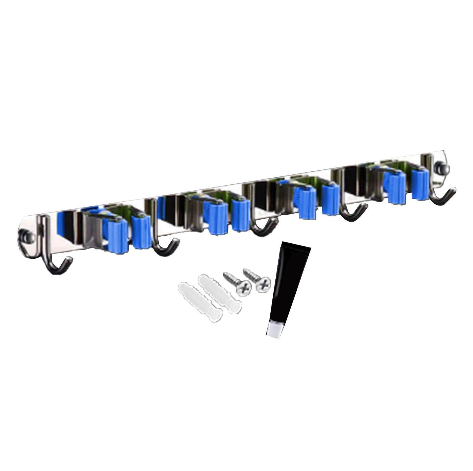 

Держатель для швабры и щетки для настенного монтажа Punch Free, 4 зажима, 5 крючков, держатель для швабры и щетки из нержавеющей стали, черный синий