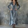 Women's Vintage Velvet Long Dress with Notched Lapel and Single-Breasted Waist-Cinching Design